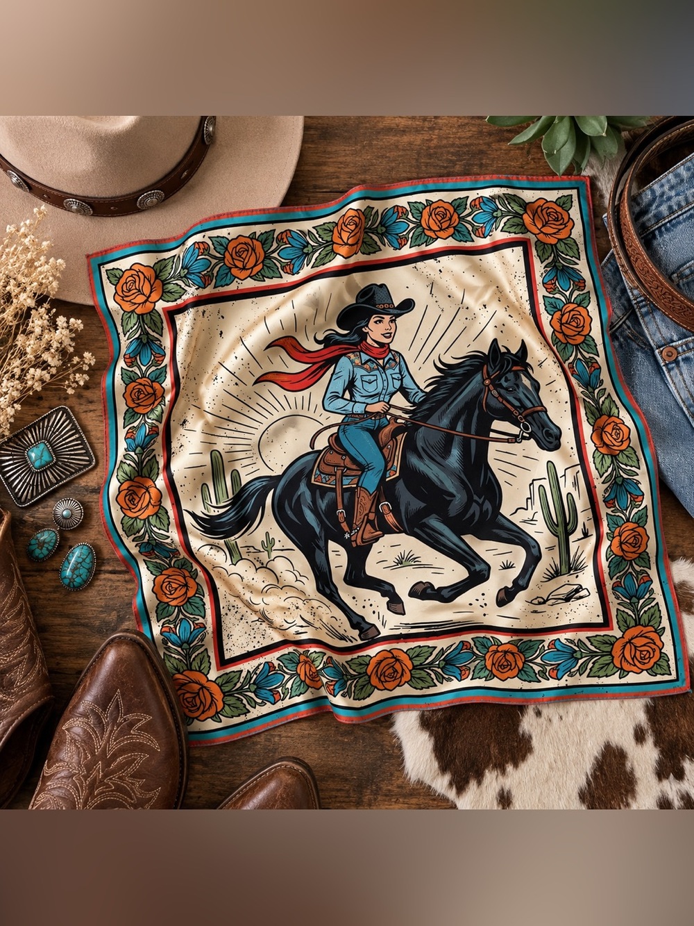 Western Cowgirl Horse Wild Rag Scarf Bandana Roses Cactus 17.7” NEW